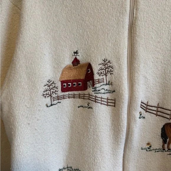 Vintage Bon Worth Women’s Ecru Embroidered Barn & Horse Jacket Size Small Petite - Picture 2 of 6